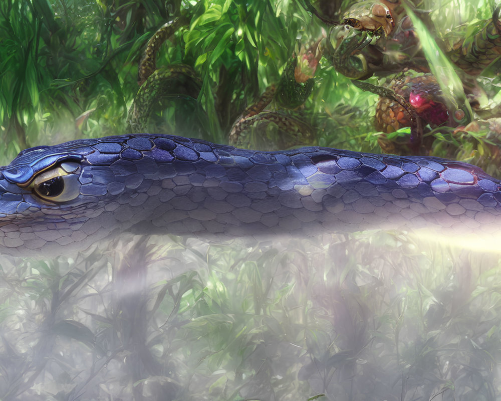 Detailed Blue Snake Slithering in Lush Jungle with Frogs and Beams of Light