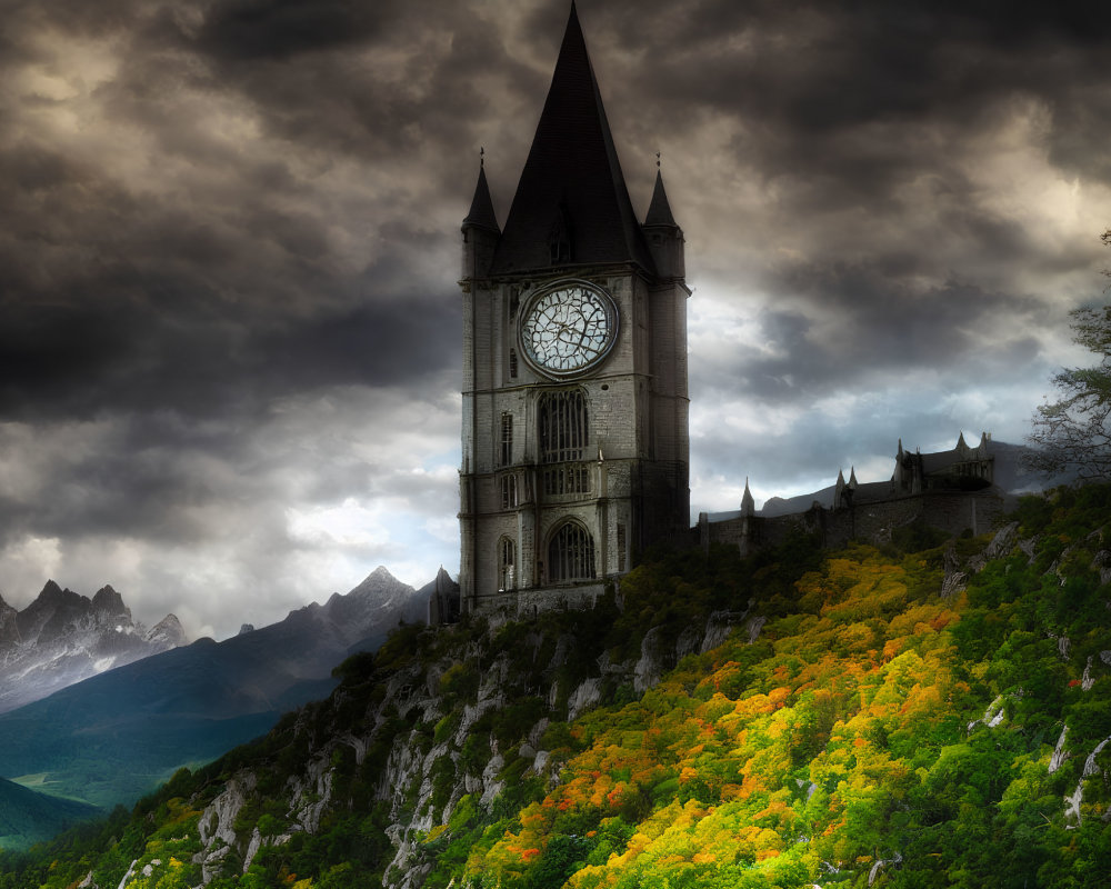 Gothic Clock Tower in Autumn Forest with Stormy Sky