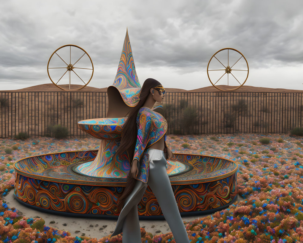 Colorful Psychedelic Teacup Ride Installation in Vibrant Flower Field