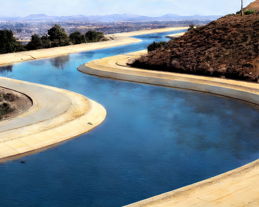 Artificial Water Channel in Dry Hilly Terrain with Cityscape View