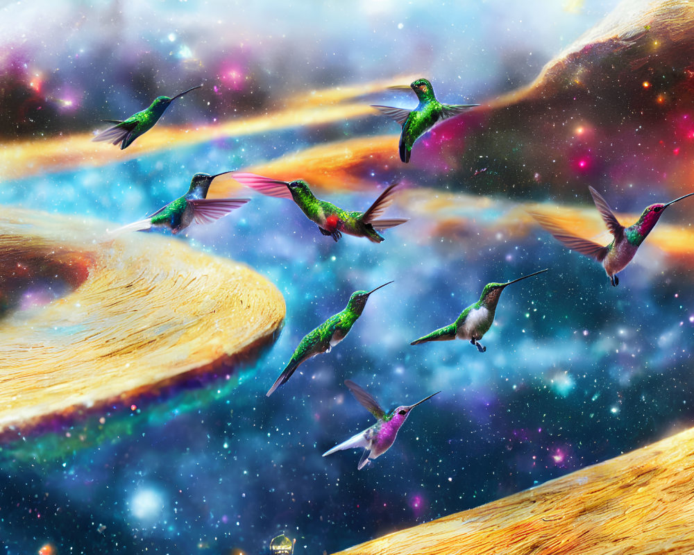 Colorful Digital Art: Hummingbirds in Cosmic Landscape