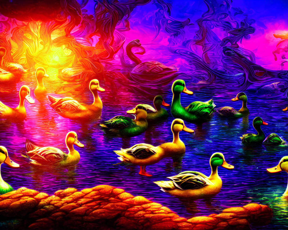 Colorful Psychedelic Pond with Ducks in Neon Fantasy Sky