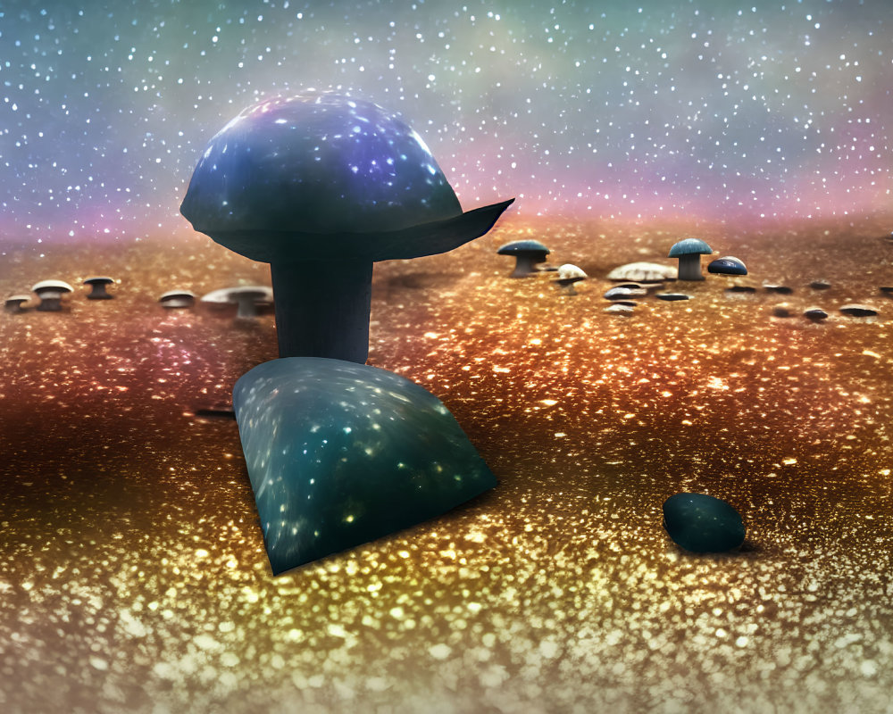 Surreal Landscape with Star-Filled Mushroom Structures