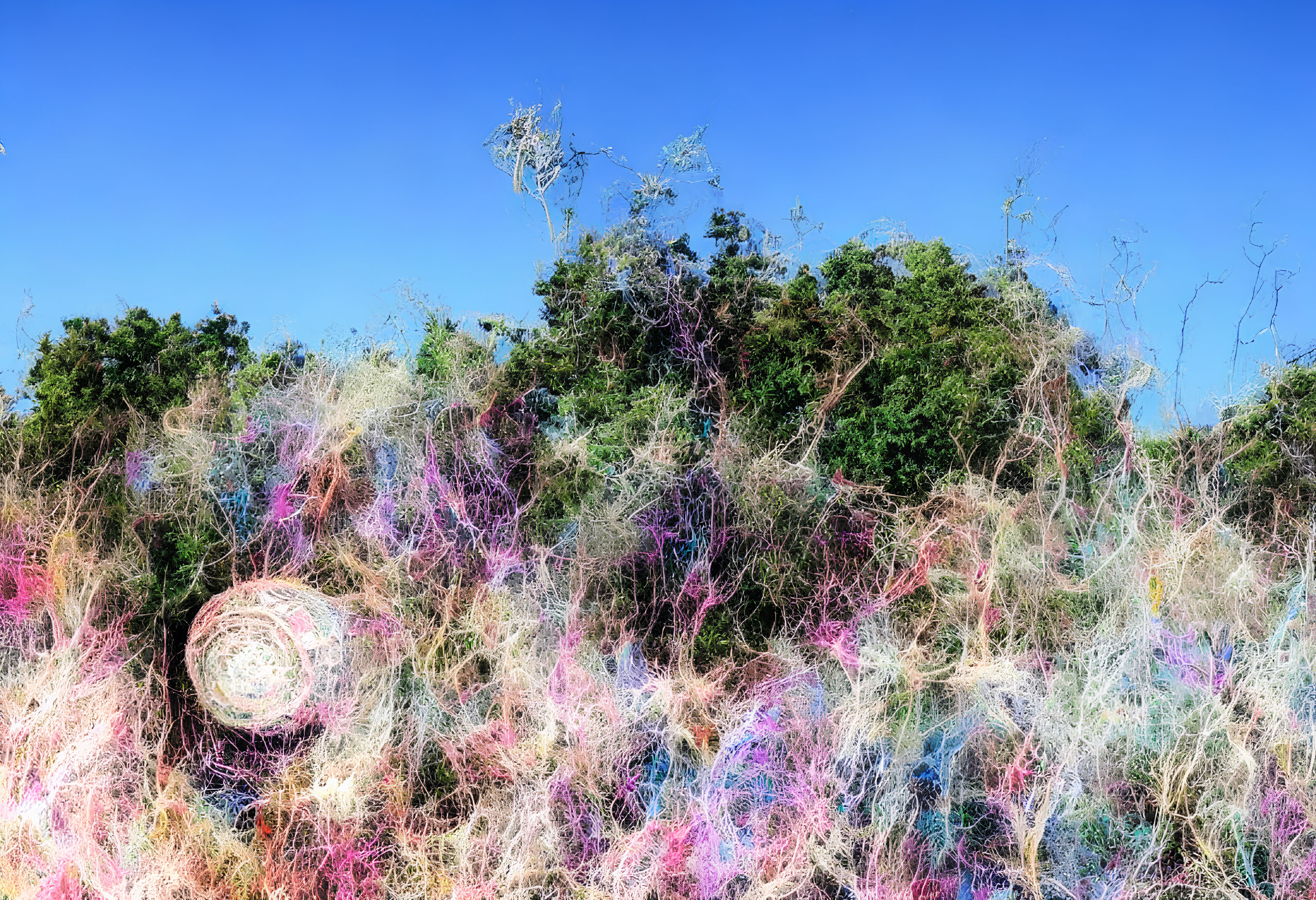 Abstract digital artwork on natural background: vibrant threads against green foliage and blue sky