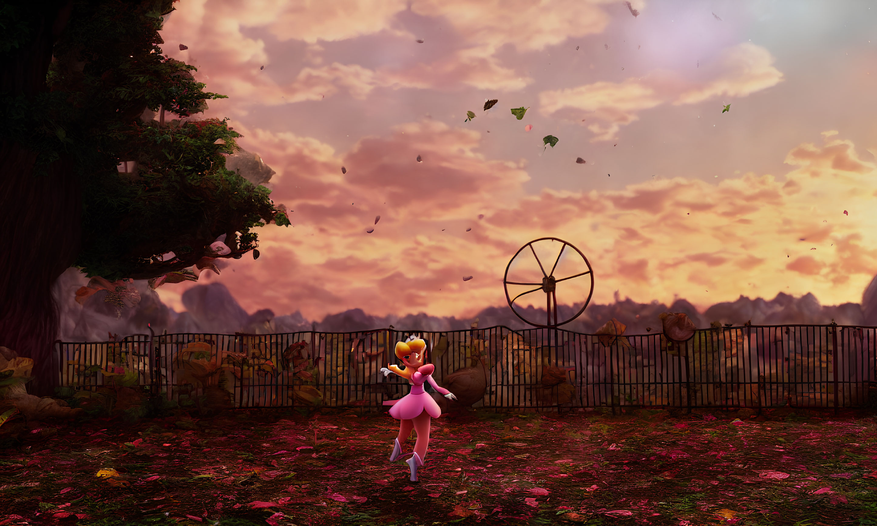 Princess Peach lookalike twirls in sunset with tree and fence