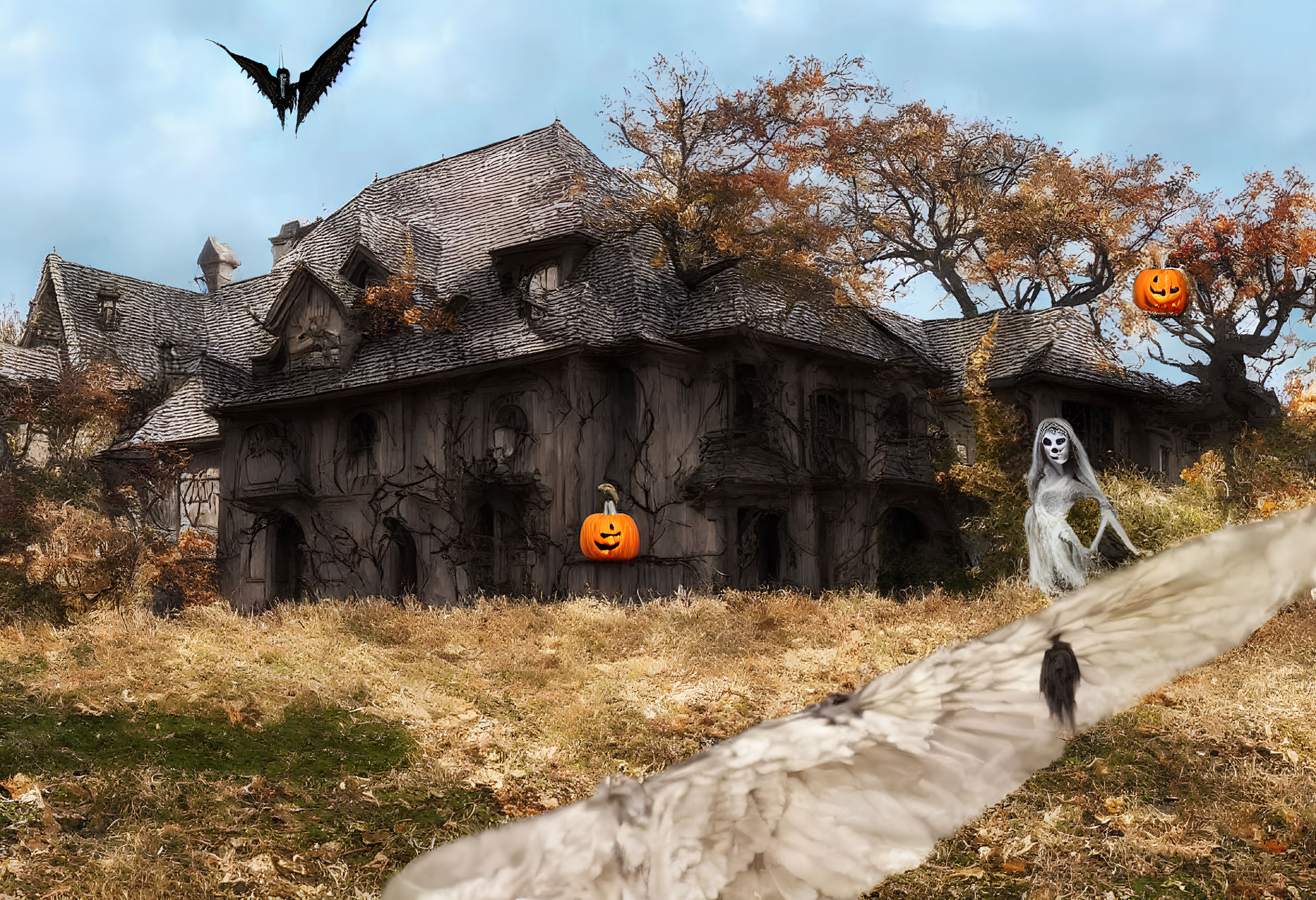 Spooky Halloween Scene: Decrepit House, Ghostly Figure, Pumpkin Heads, Flying Bat