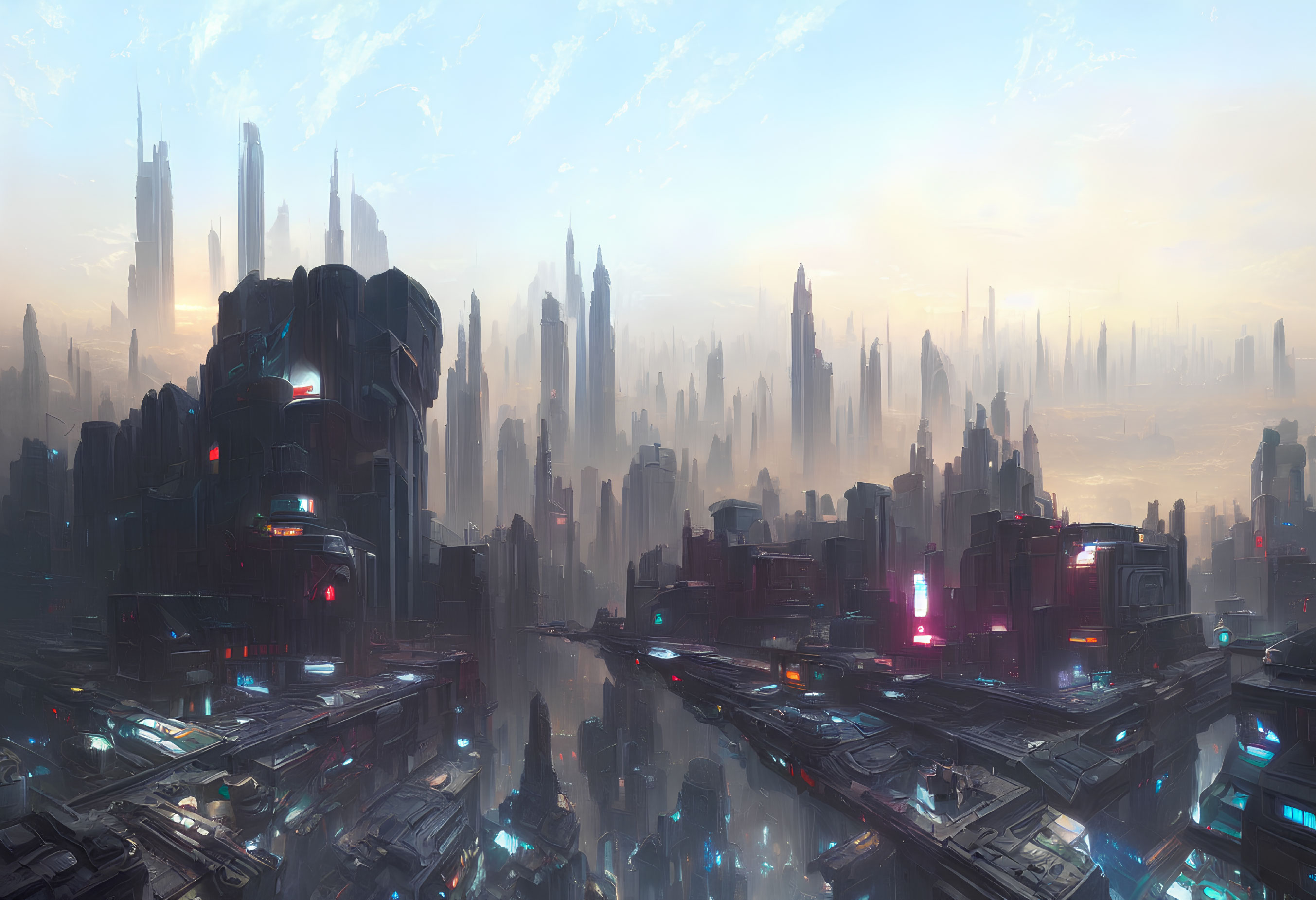 Futuristic cityscape with skyscrapers and neon signs