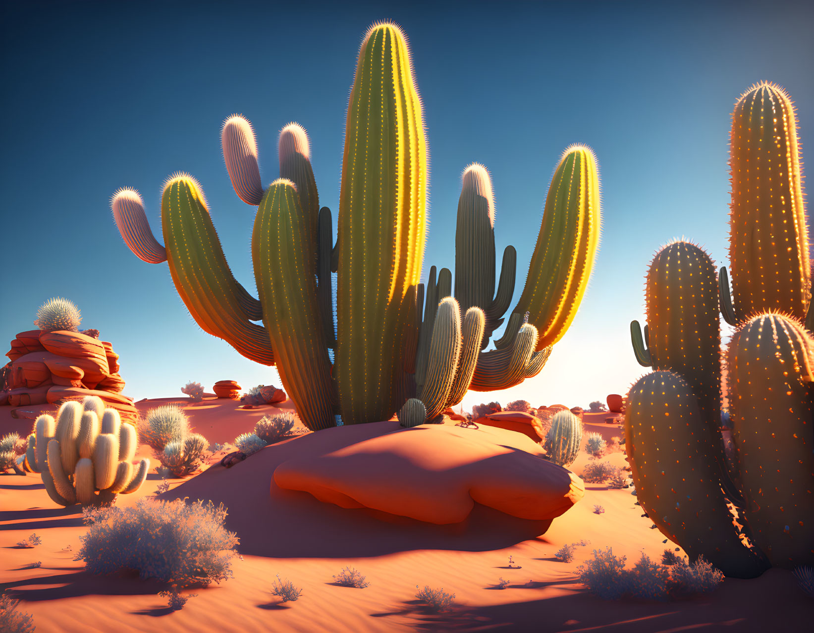 Colorful desert landscape with diverse cacti under blue sky