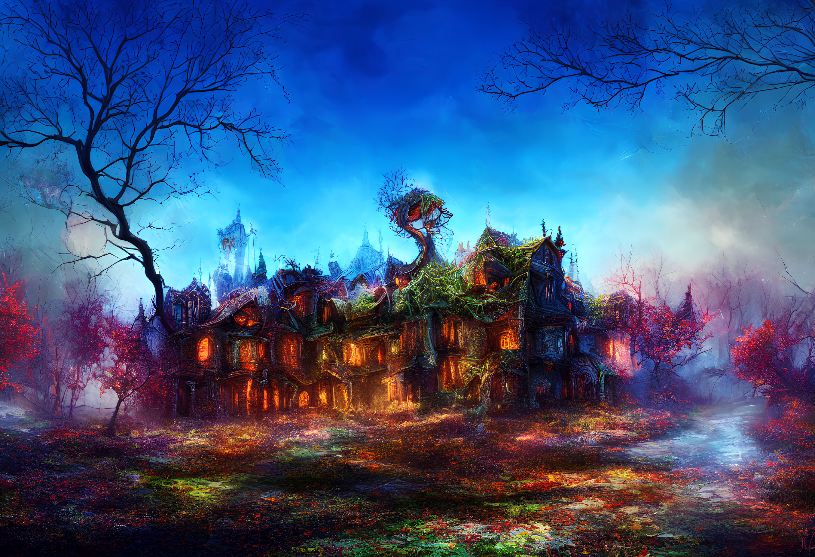 Digital Art: Enchanted mansion in mystical forest with ethereal glow