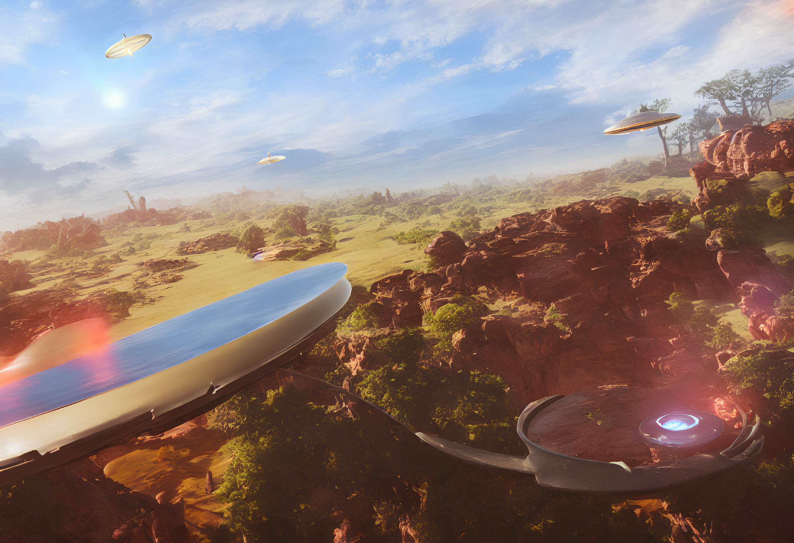 Futuristic landscape with flying vehicles above lush greenery and rocky terrain