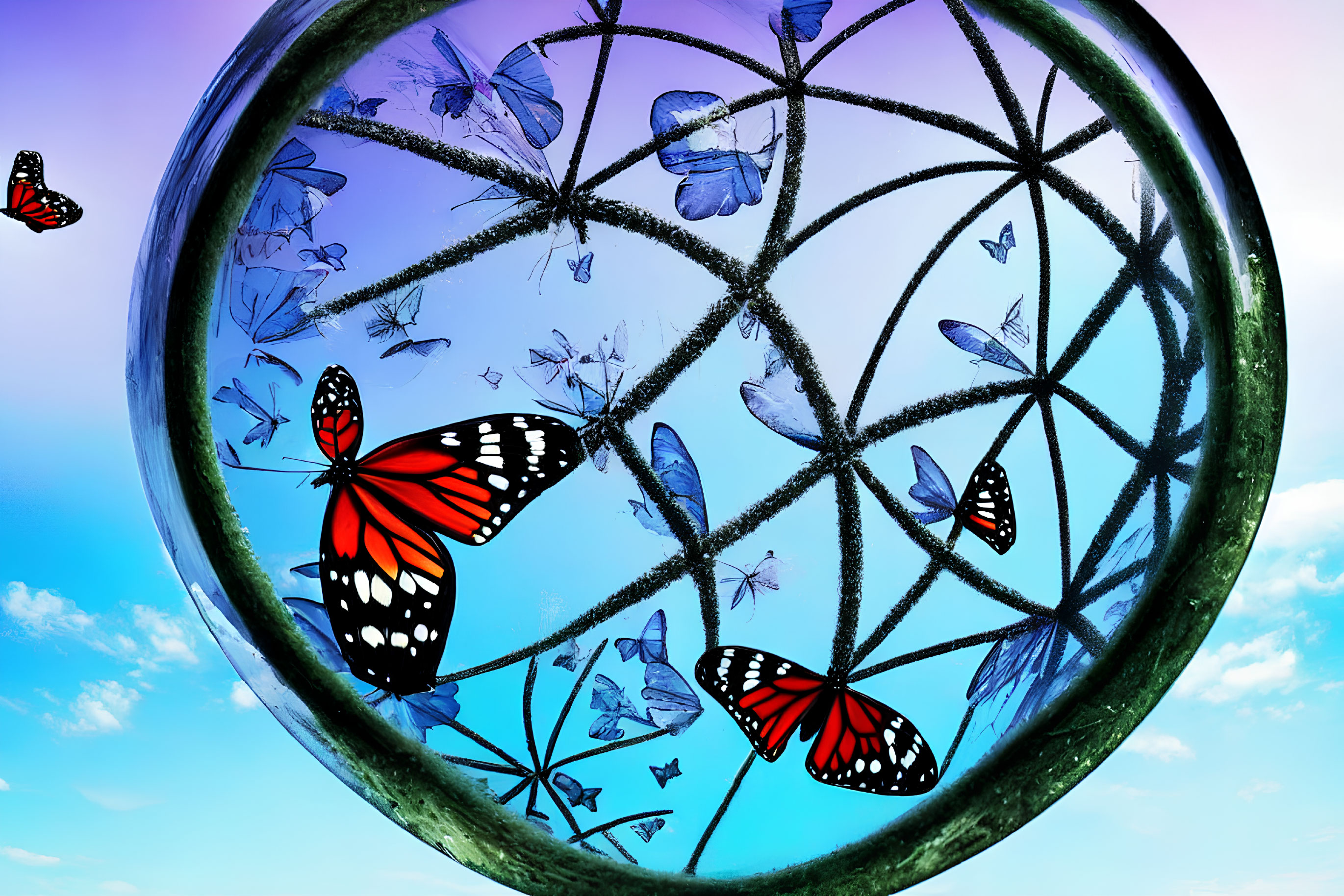 Colorful butterflies in spherical frame against blue sky