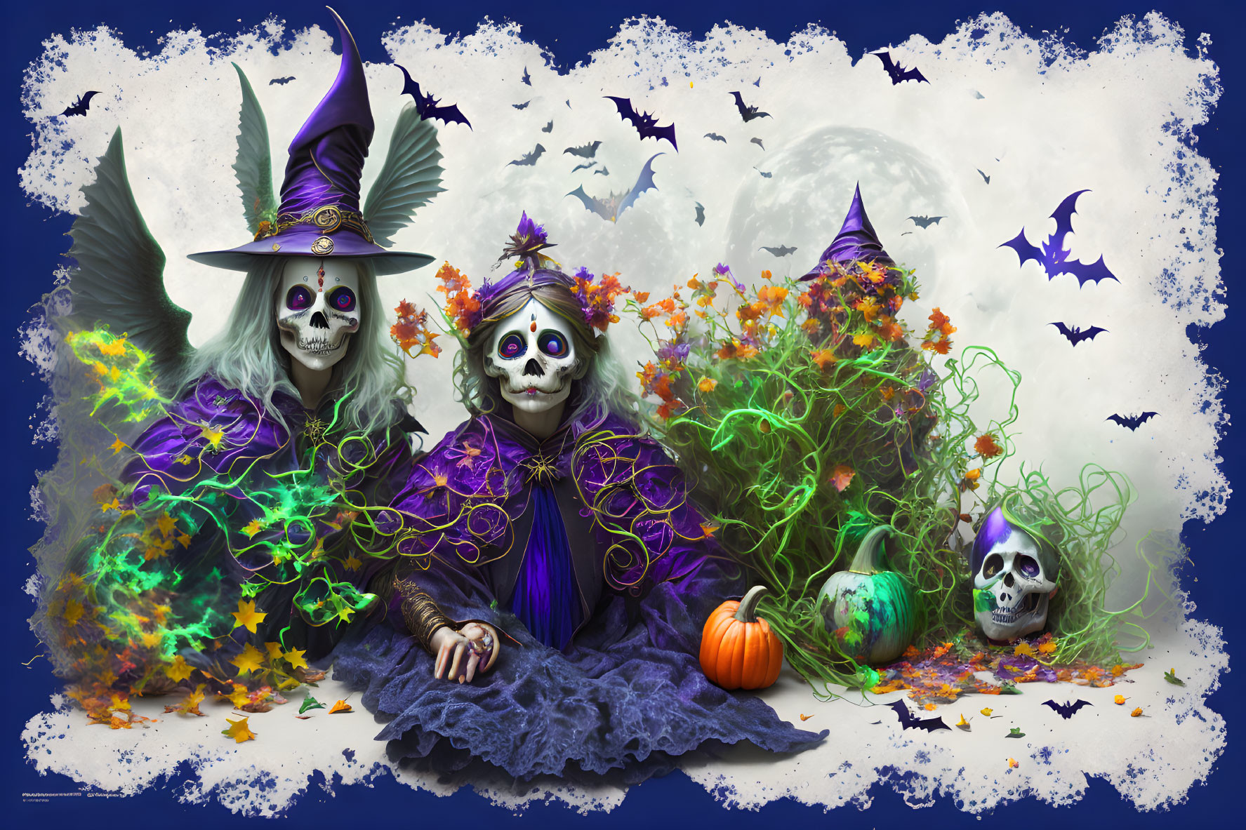 Skeletons in Witch Costumes Surrounded by Pumpkins, Bats, and Green Smoke