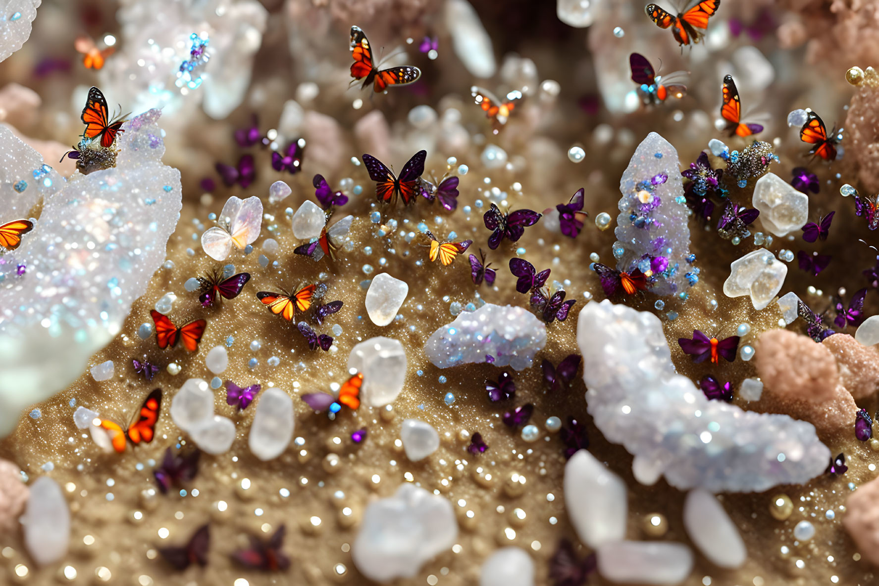 Monarch Butterflies Fluttering Over Sparkling Crystal Landscape