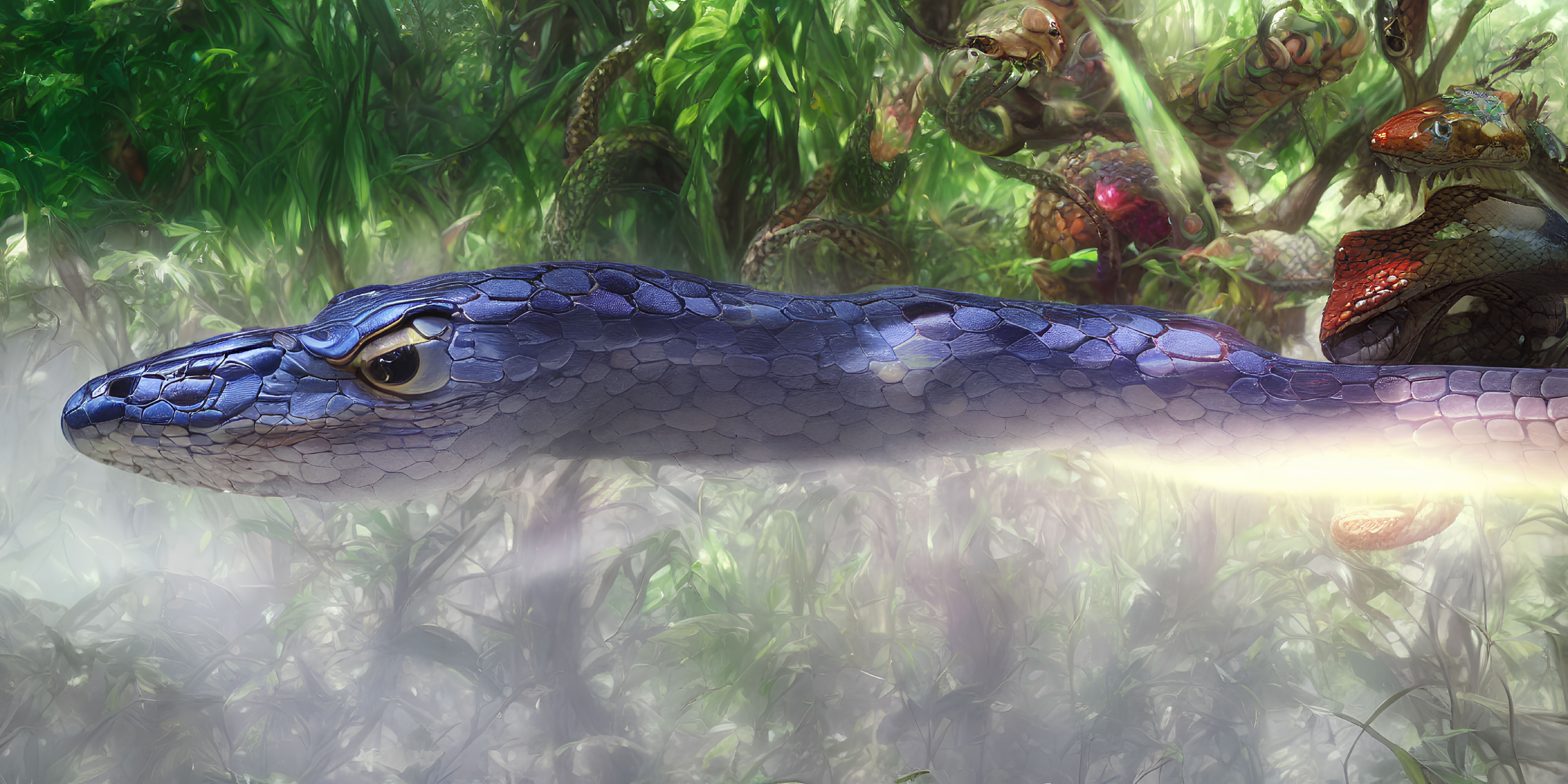 Detailed Blue Snake Slithering in Lush Jungle with Frogs and Beams of Light