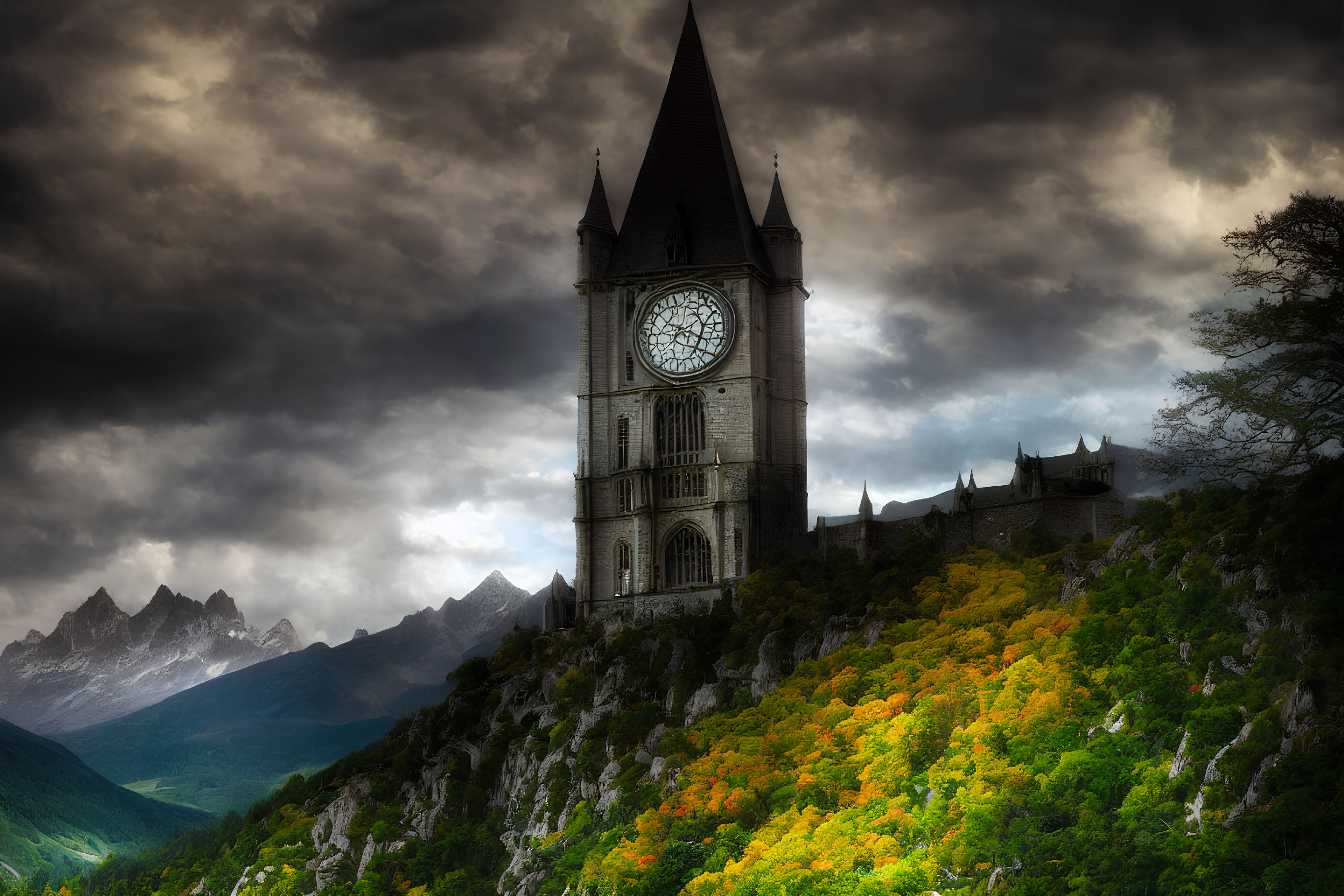 Gothic Clock Tower in Autumn Forest with Stormy Sky