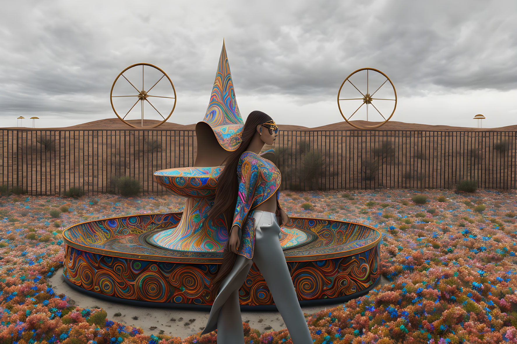 Colorful Psychedelic Teacup Ride Installation in Vibrant Flower Field