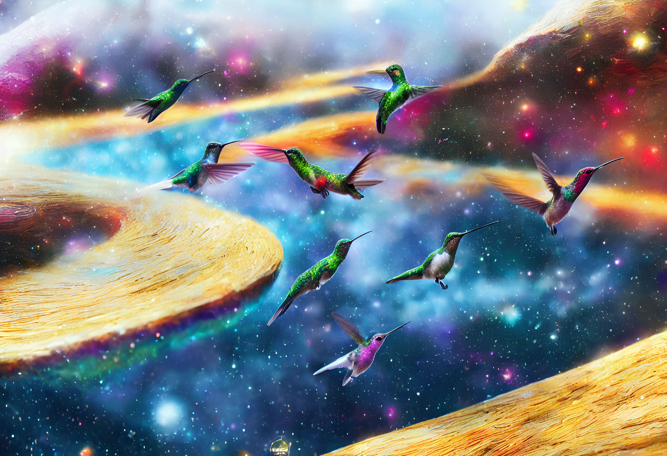 Colorful Digital Art: Hummingbirds in Cosmic Landscape