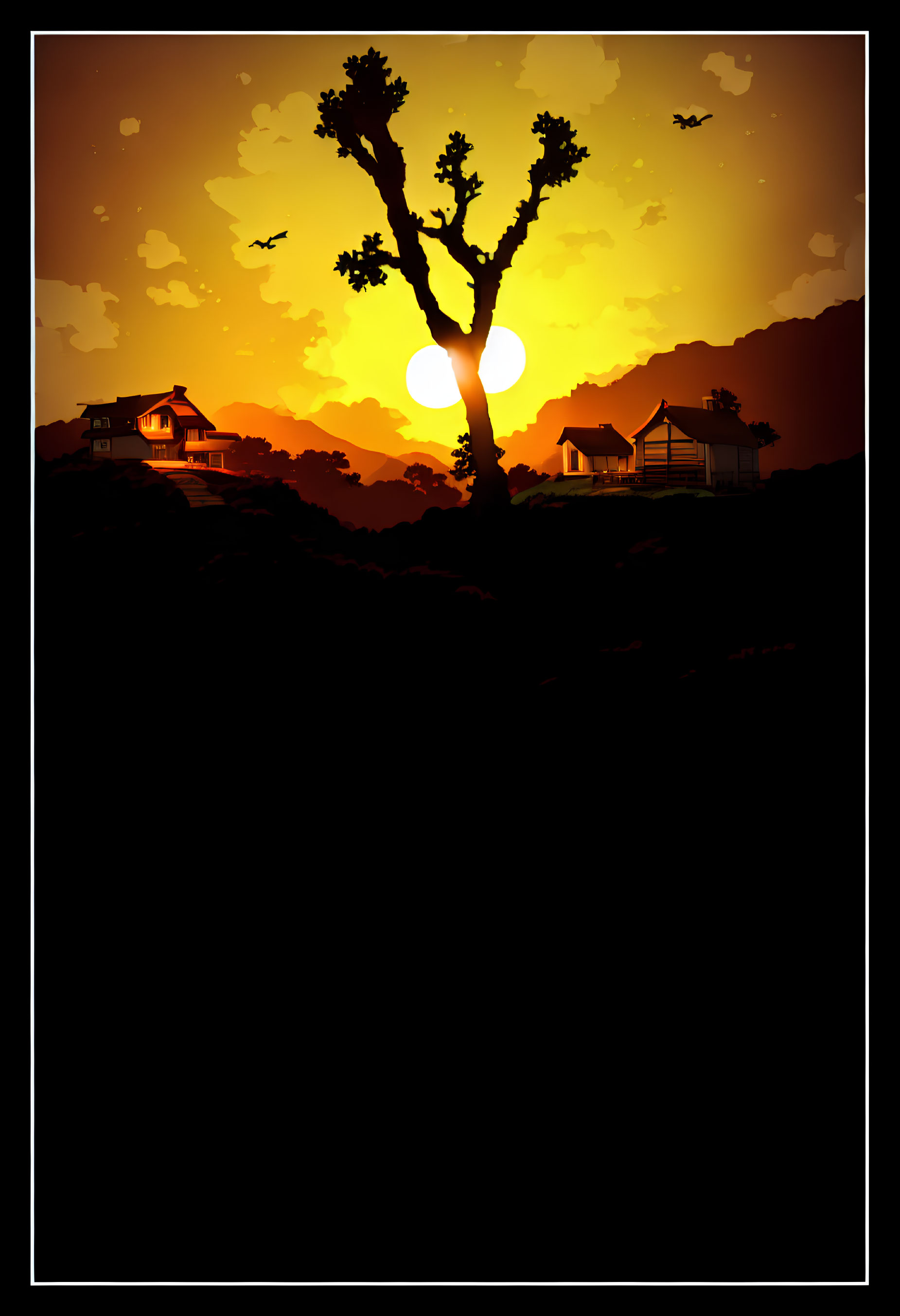 Silhouetted tree and houses against orange sky with dual suns and birds.