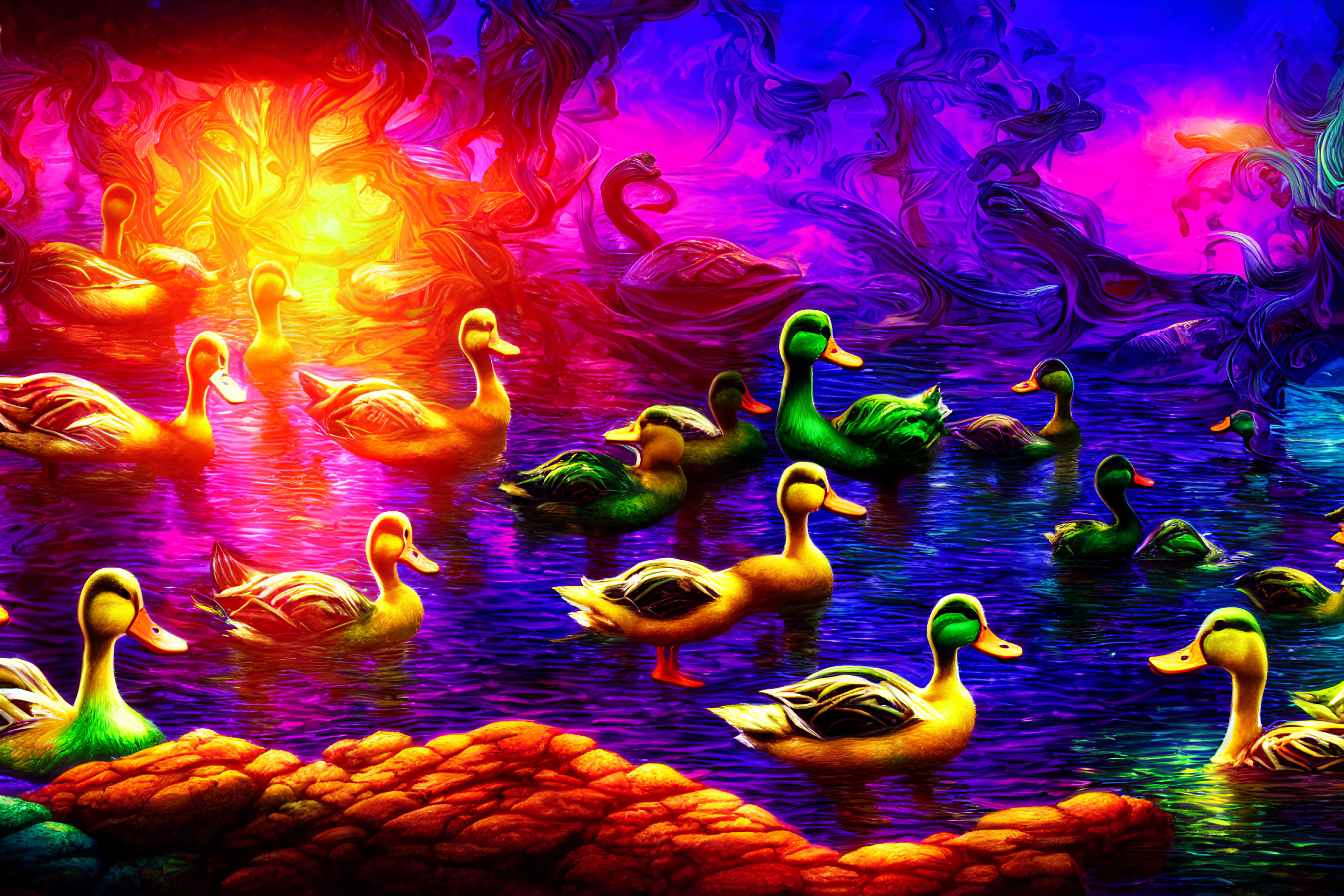 Colorful Psychedelic Pond with Ducks in Neon Fantasy Sky