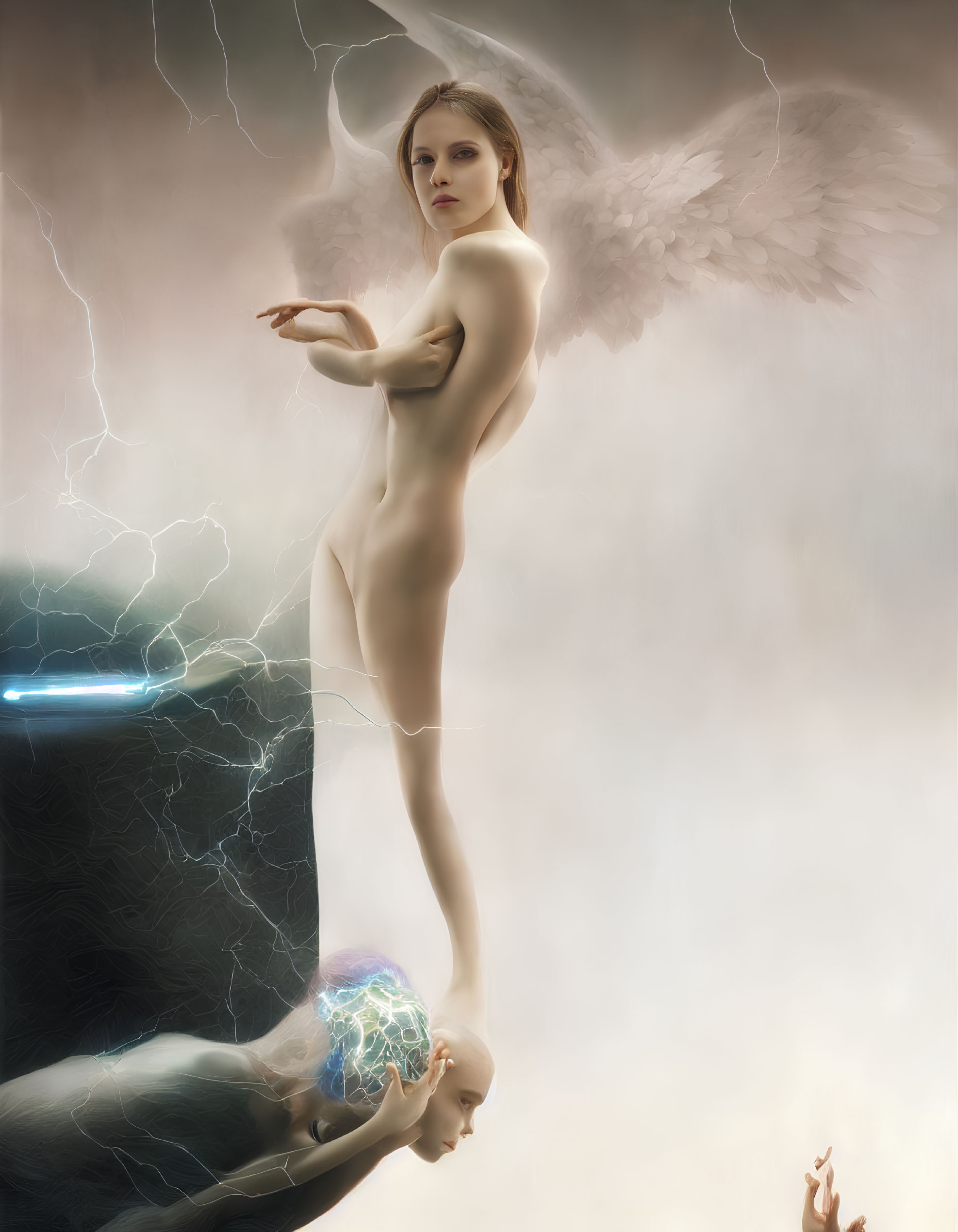 Digital artwork of nude angel with lightning sphere and toaster