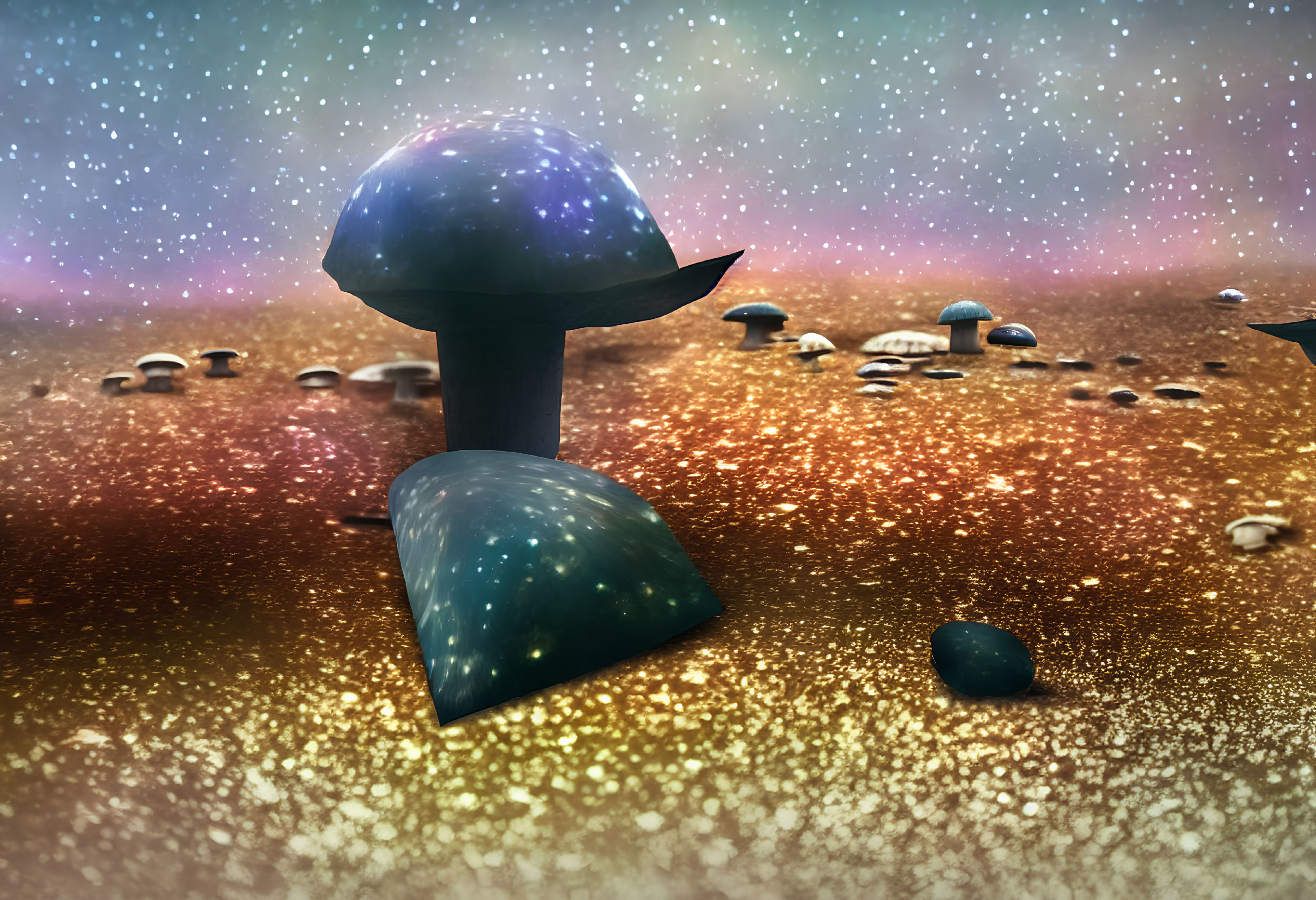 Surreal Landscape with Star-Filled Mushroom Structures