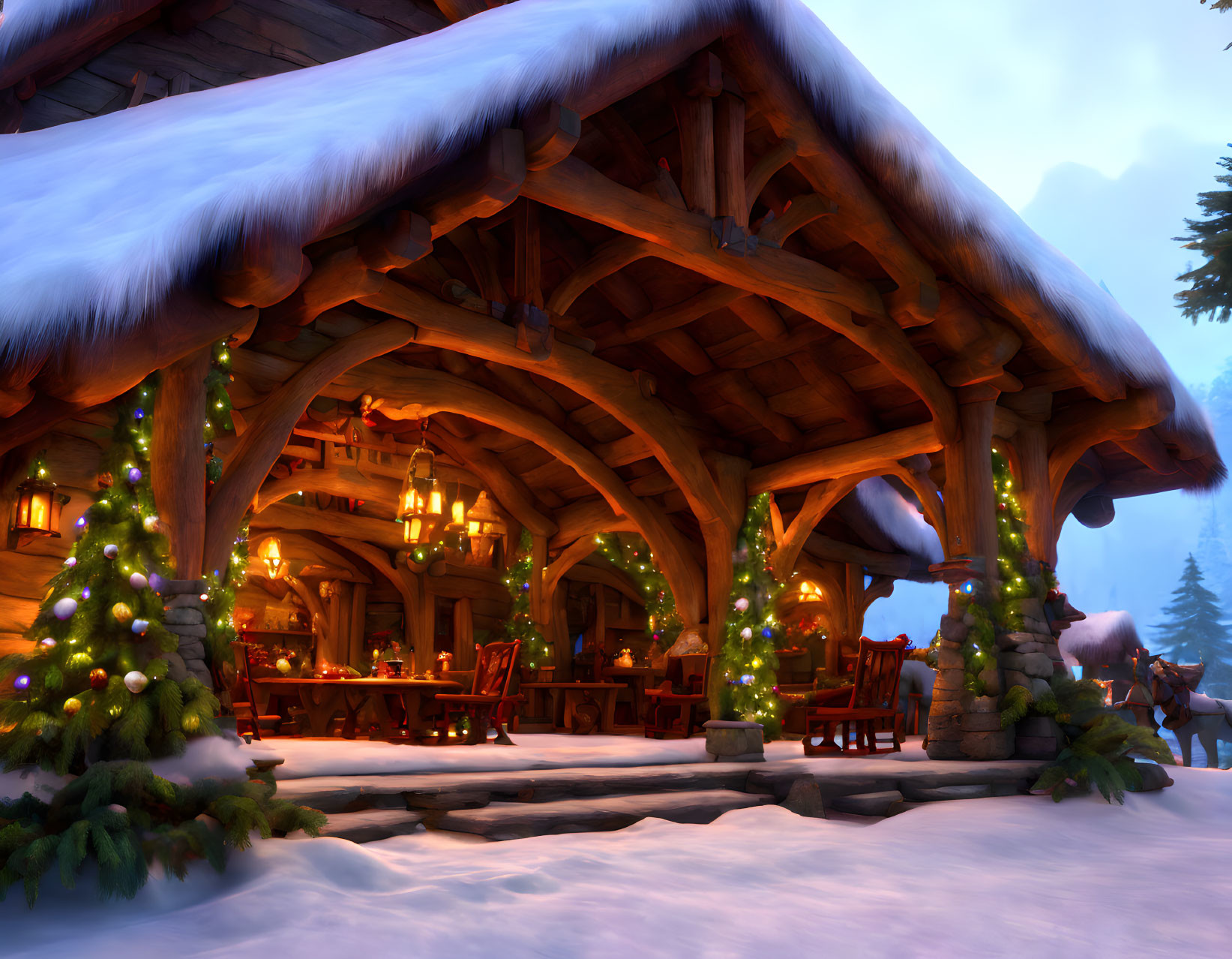 Festive cabin with Christmas trees in snowy dusk