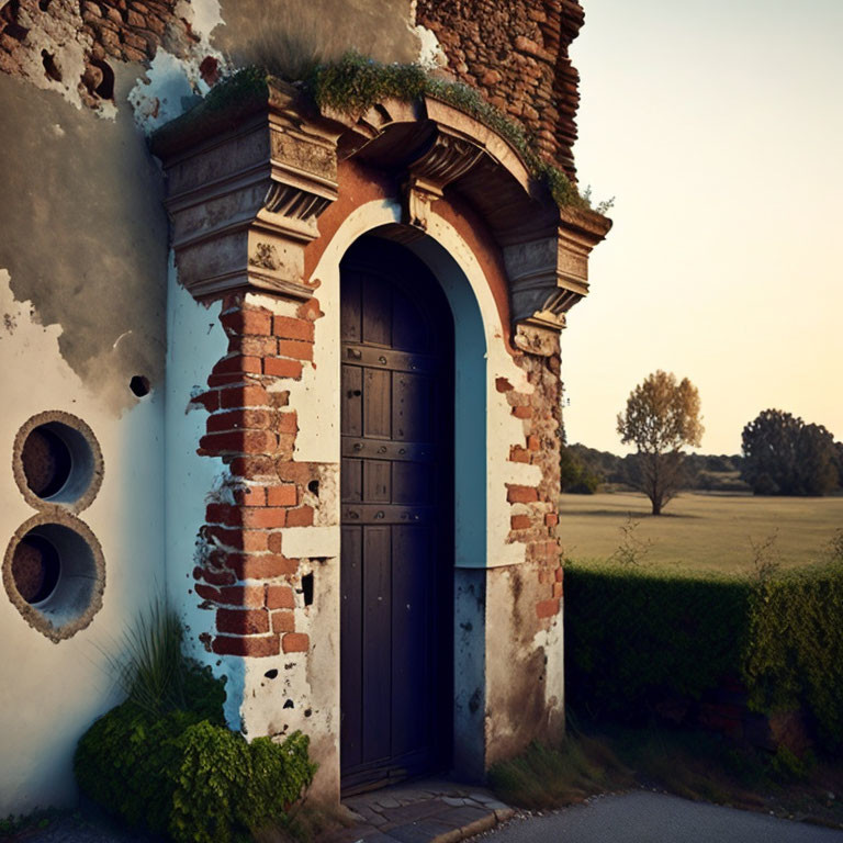 Weathered blue door in crumbling brick archway with lush greenery - countryside setting