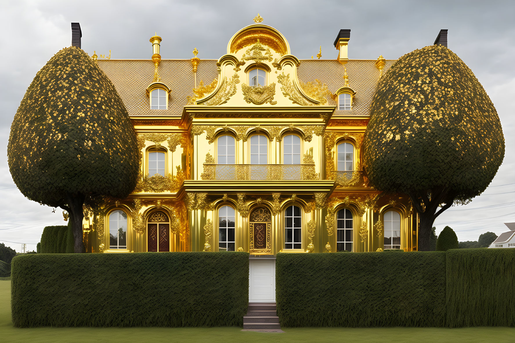 Luxurious Mansion with Gold Facade and Manicured Gardens