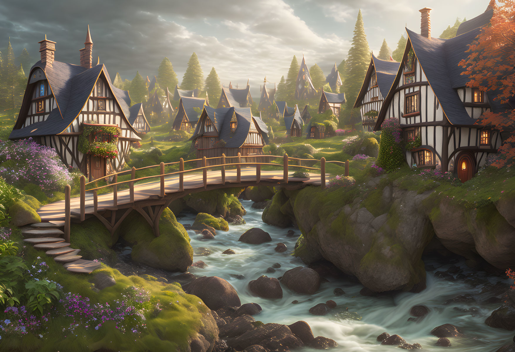 Tranquil fantasy village with half-timbered houses and wooden bridge in lush forest sunset