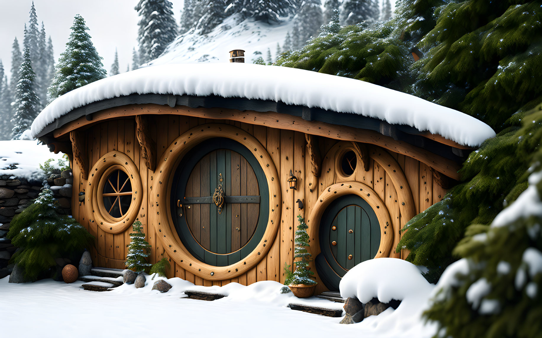 Round-door hobbit-style house in snowy landscape