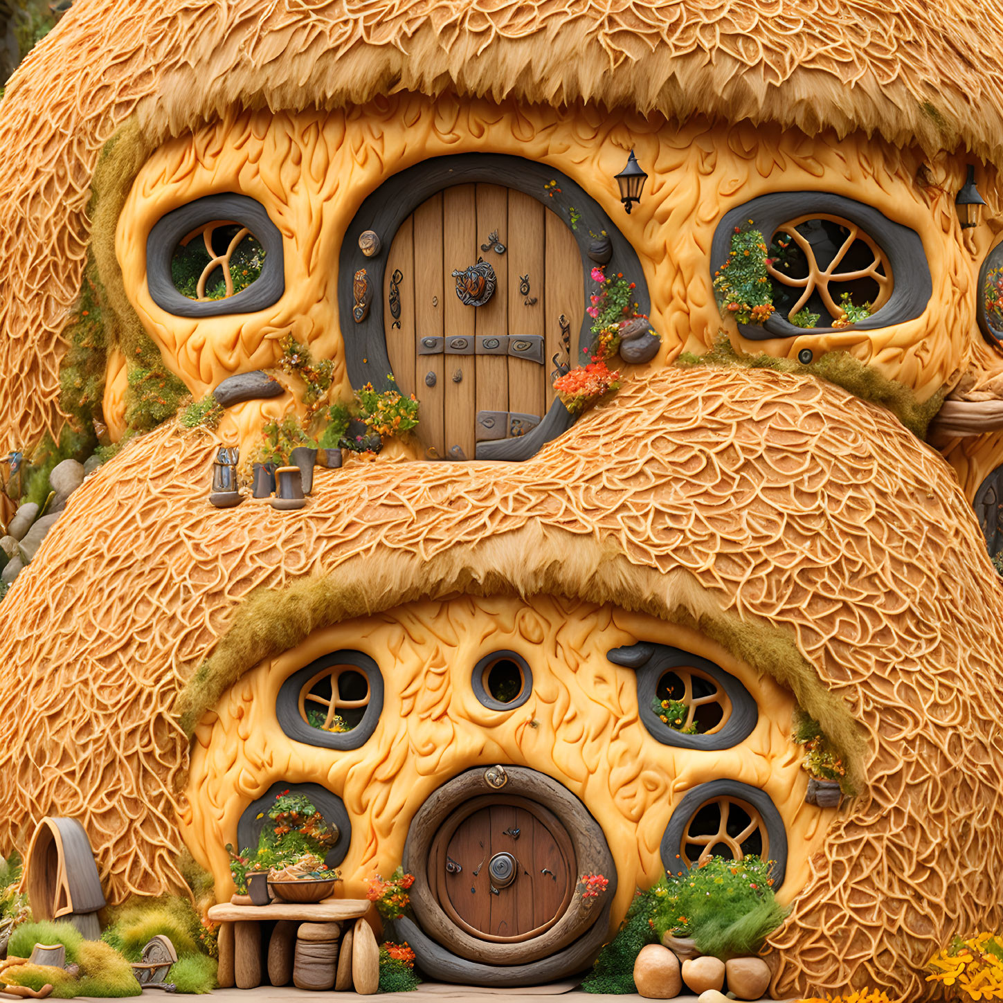 Quaint cottage with round doors, thatched roof, and charming details