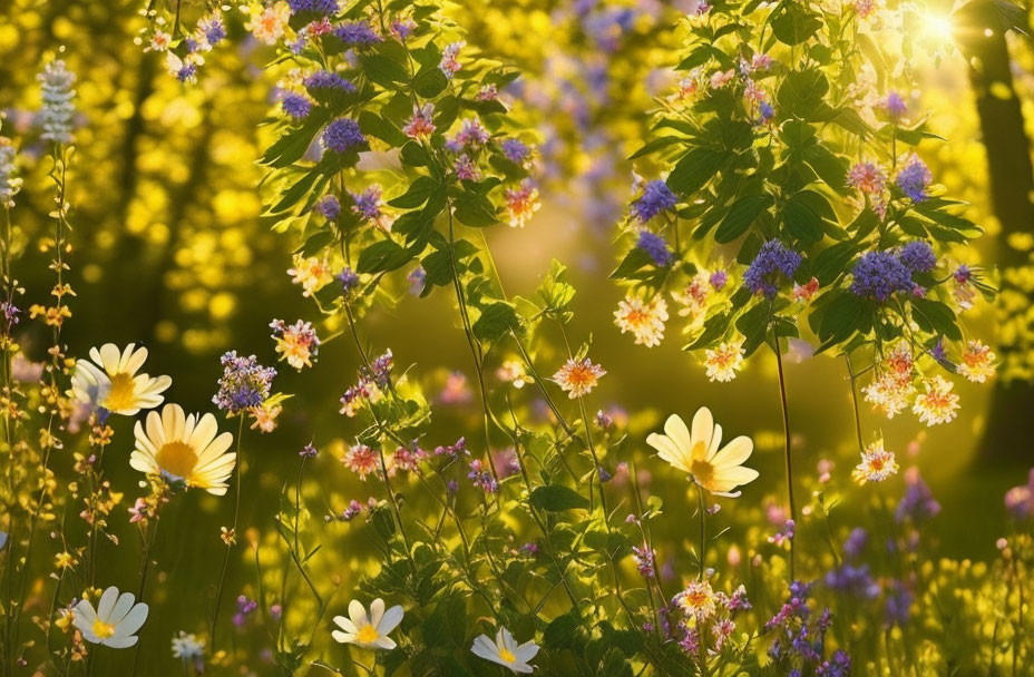 Sunlit Field with Wildflowers and Purple Blossoms