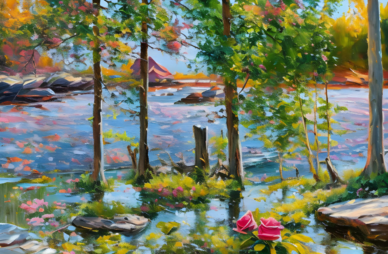 Serene riverside oil painting with lush trees and cabin