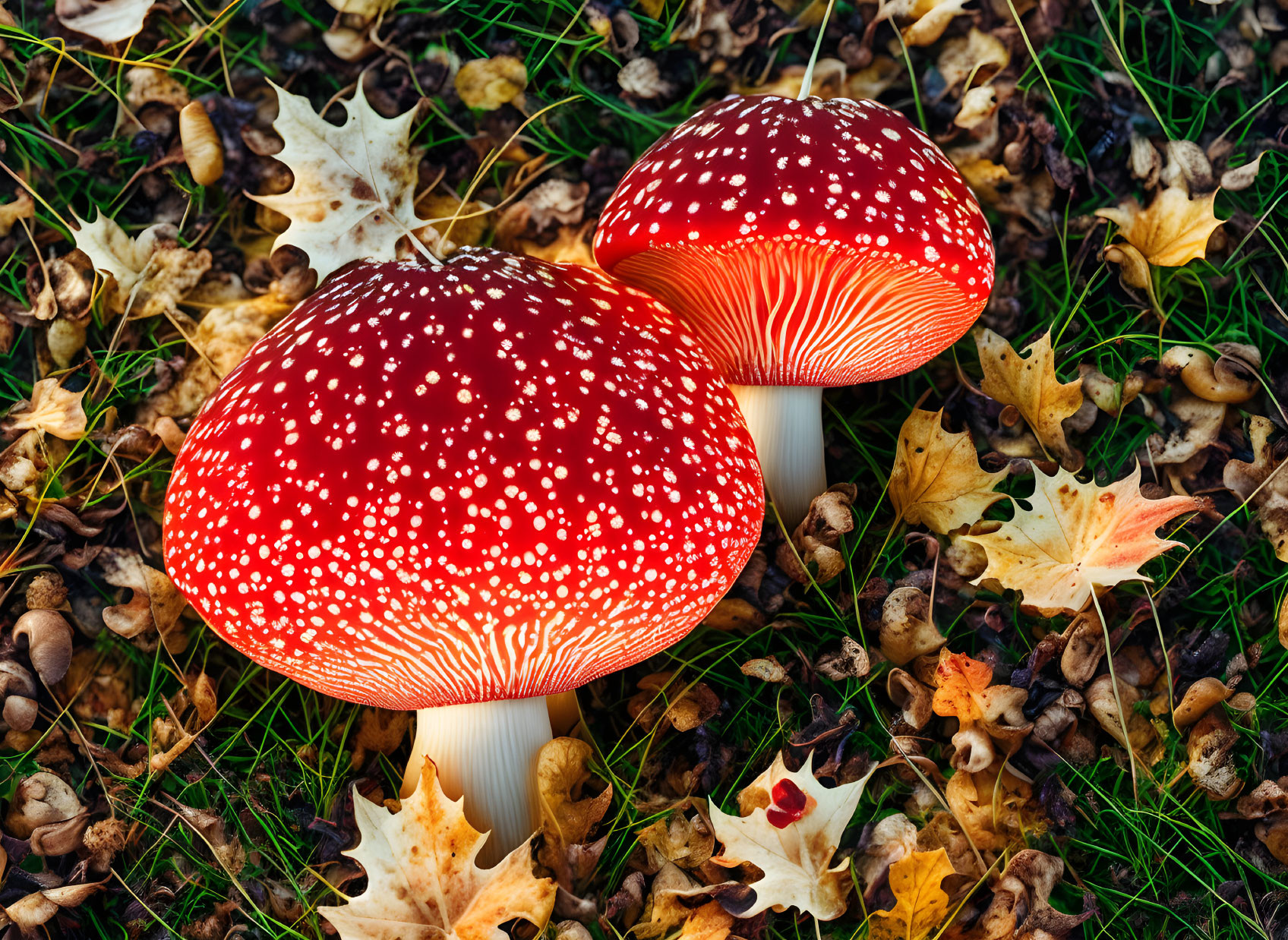 Vibrant red and white Amanita muscaria mushrooms in autumn setting