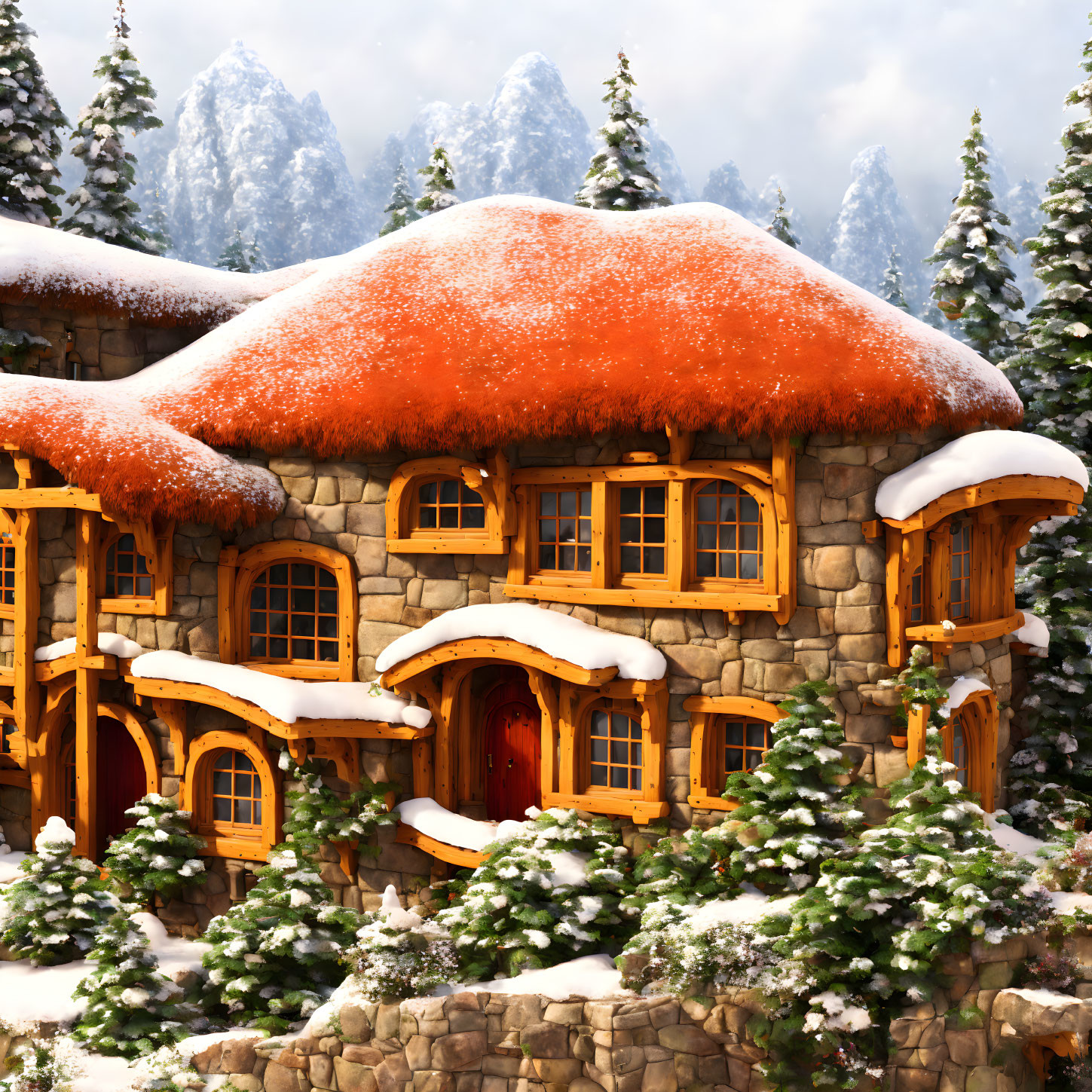 Snow-covered stone cottage with thatched roof in wintry forest