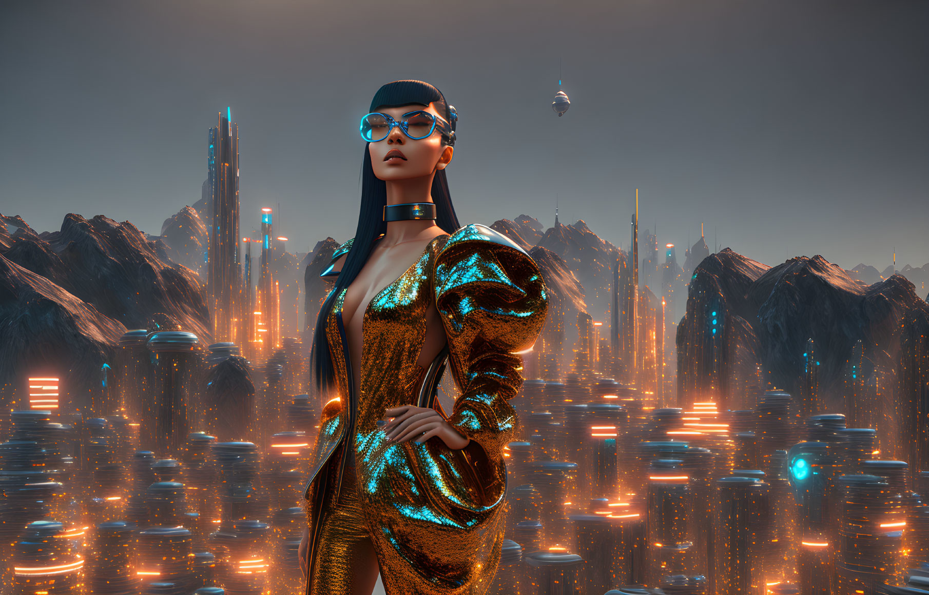 Fashionable woman in golden attire in futuristic cityscape at dusk