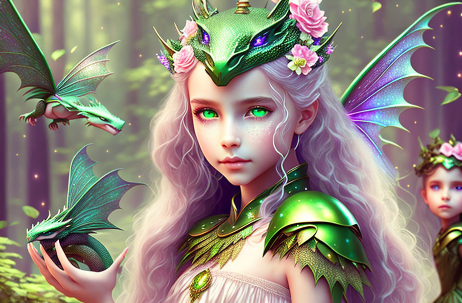 Young girl with green eyes, floral tiara, and tiny dragon in mystical forest