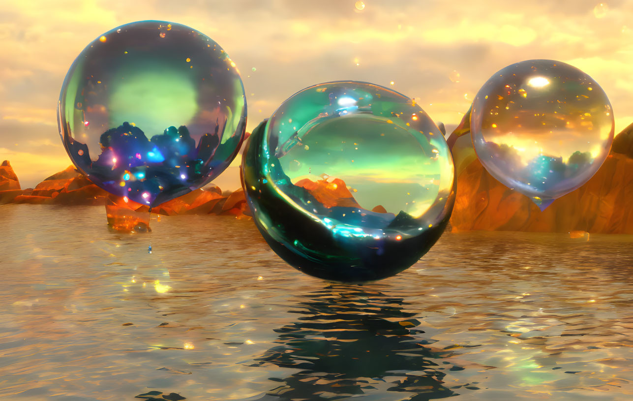 Shiny soap bubbles over tranquil water at sunset