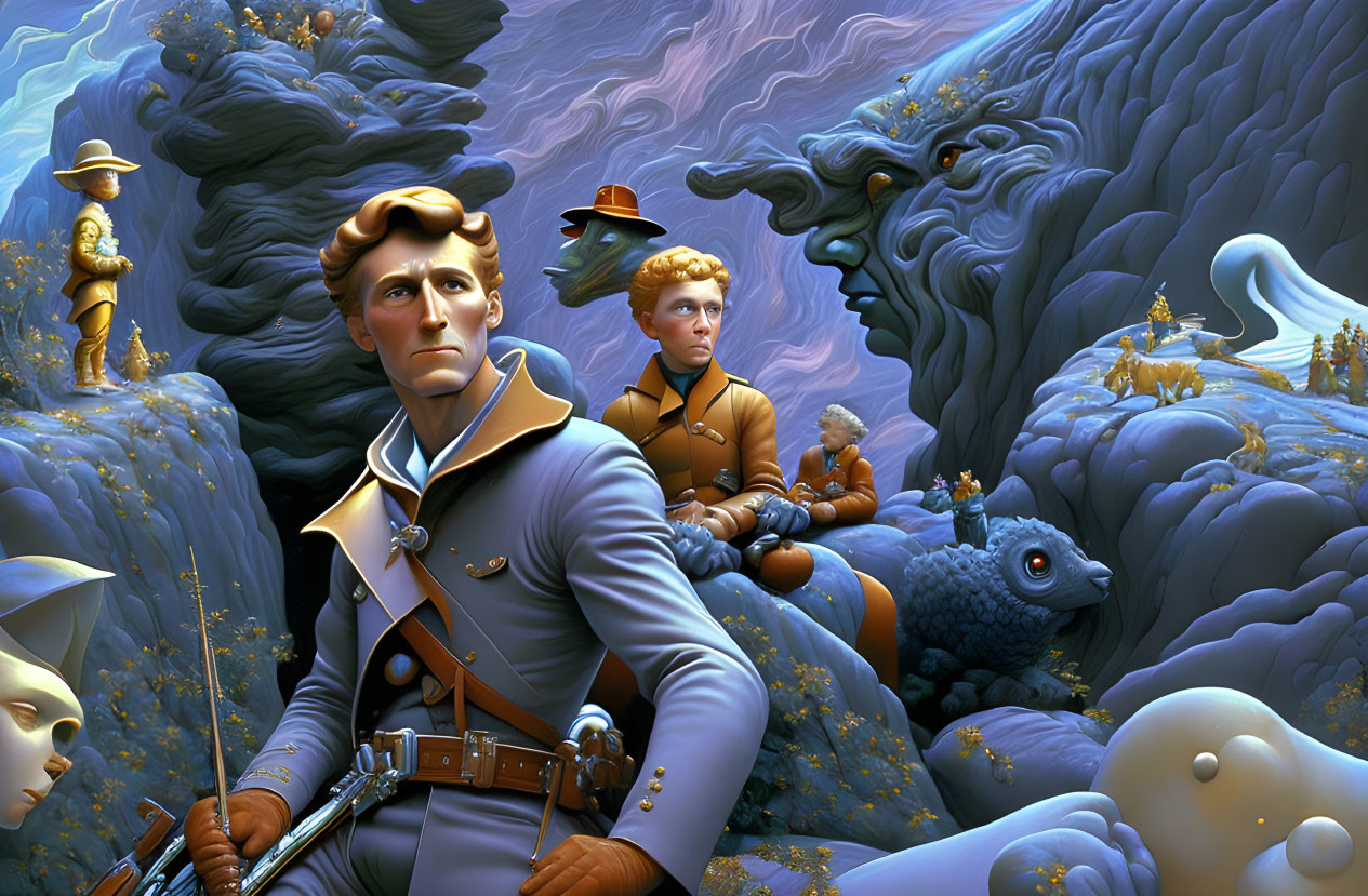 Surreal landscape with male figures, creatures, and blue terrain