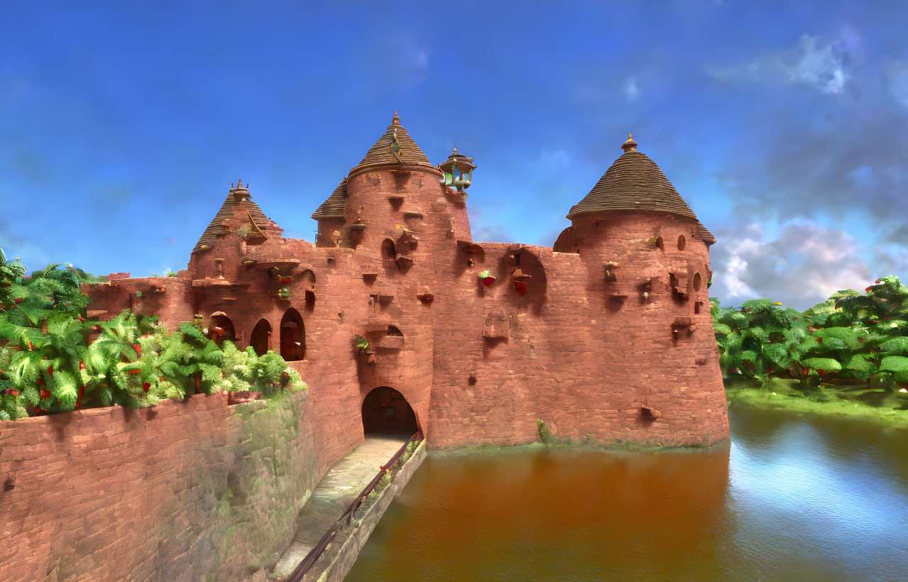 Fantastical red castle surrounded by water and greenery in digital artwork