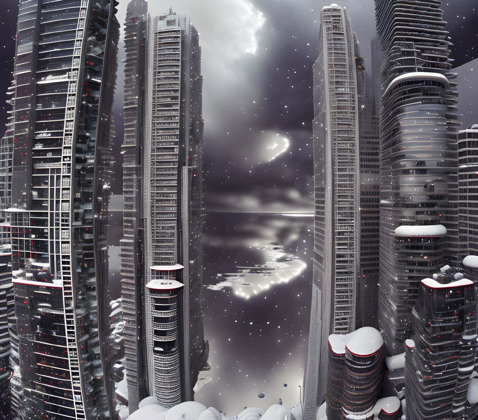 Modern skyscrapers in futuristic cityscape under starry sky