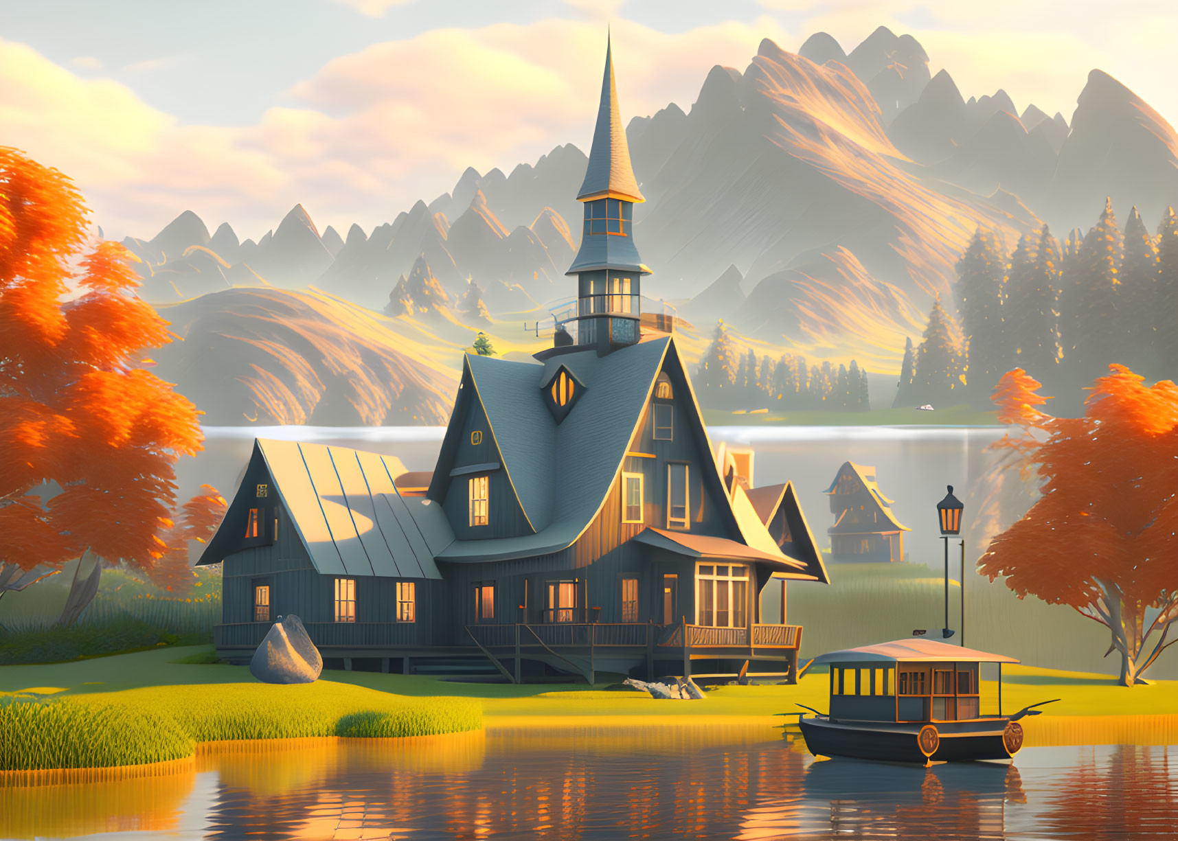 Tranquil lakeside house with spire, autumn trees, mountains, and boat