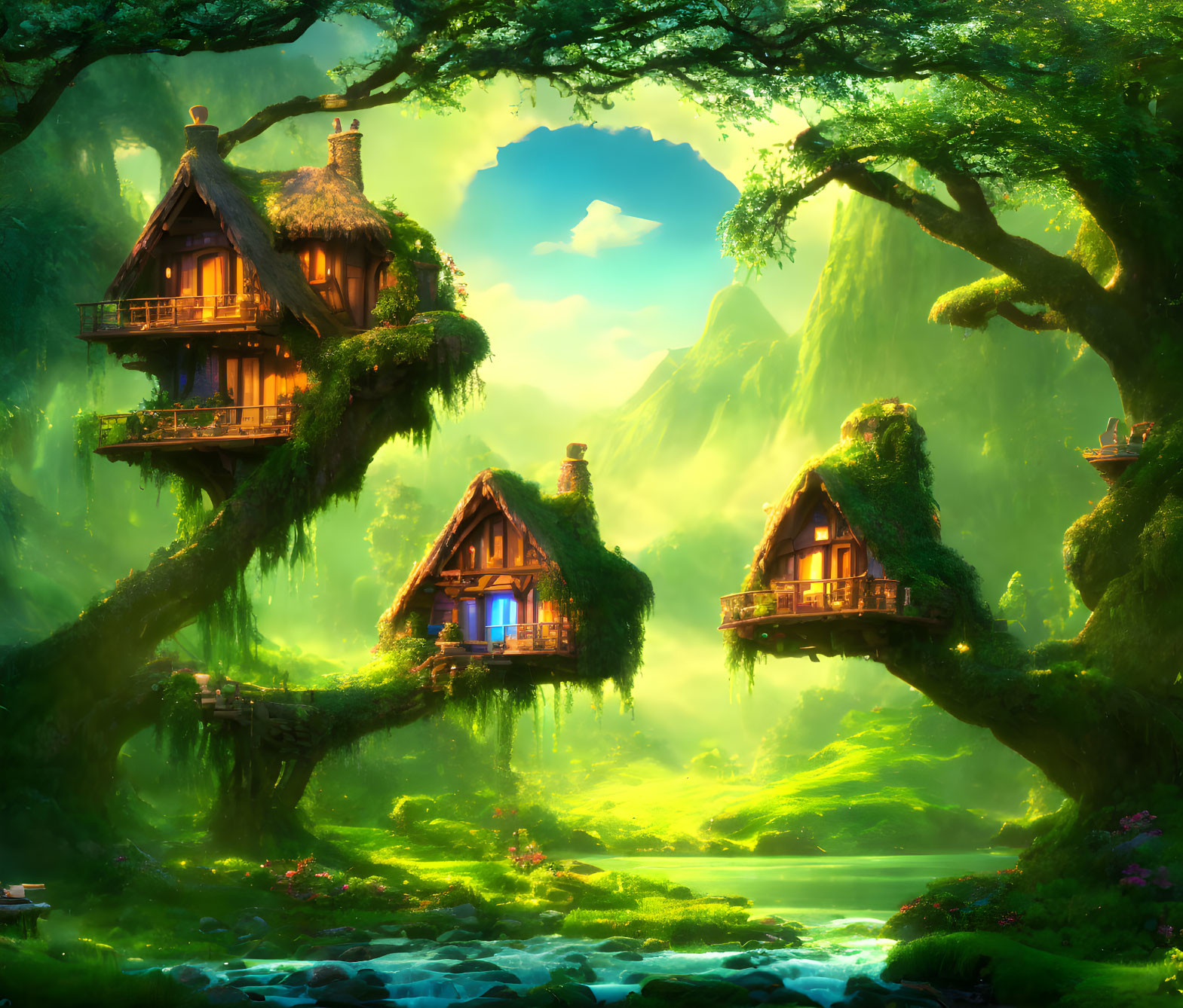 Magical forest scene with three whimsical treehouses and bridges above a tranquil river