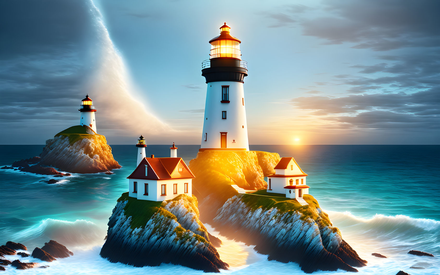 Multiple lighthouses on rocky islets at sunset with crashing waves and a waterfall