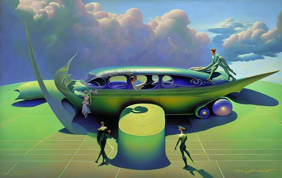 Surreal painting: Three people in futuristic attire with green vehicle under dreamy sky