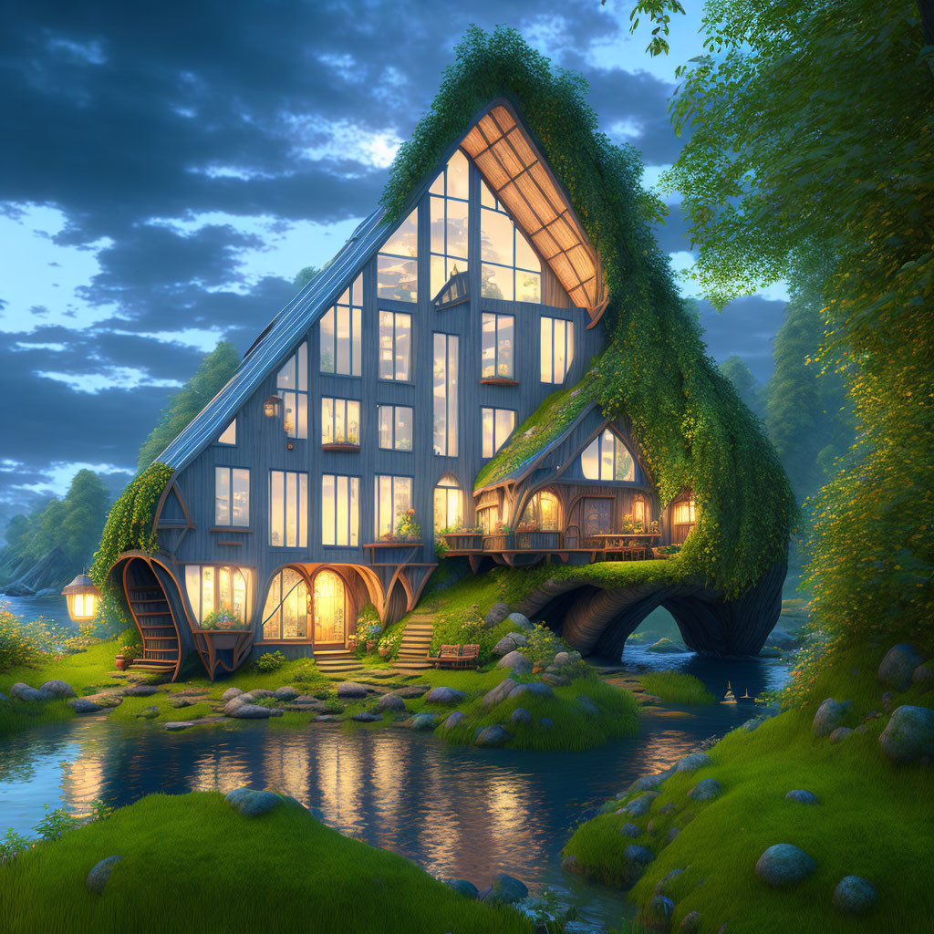 Tranquil stream setting: Idyllic A-frame house with greenery, lit up at dusk