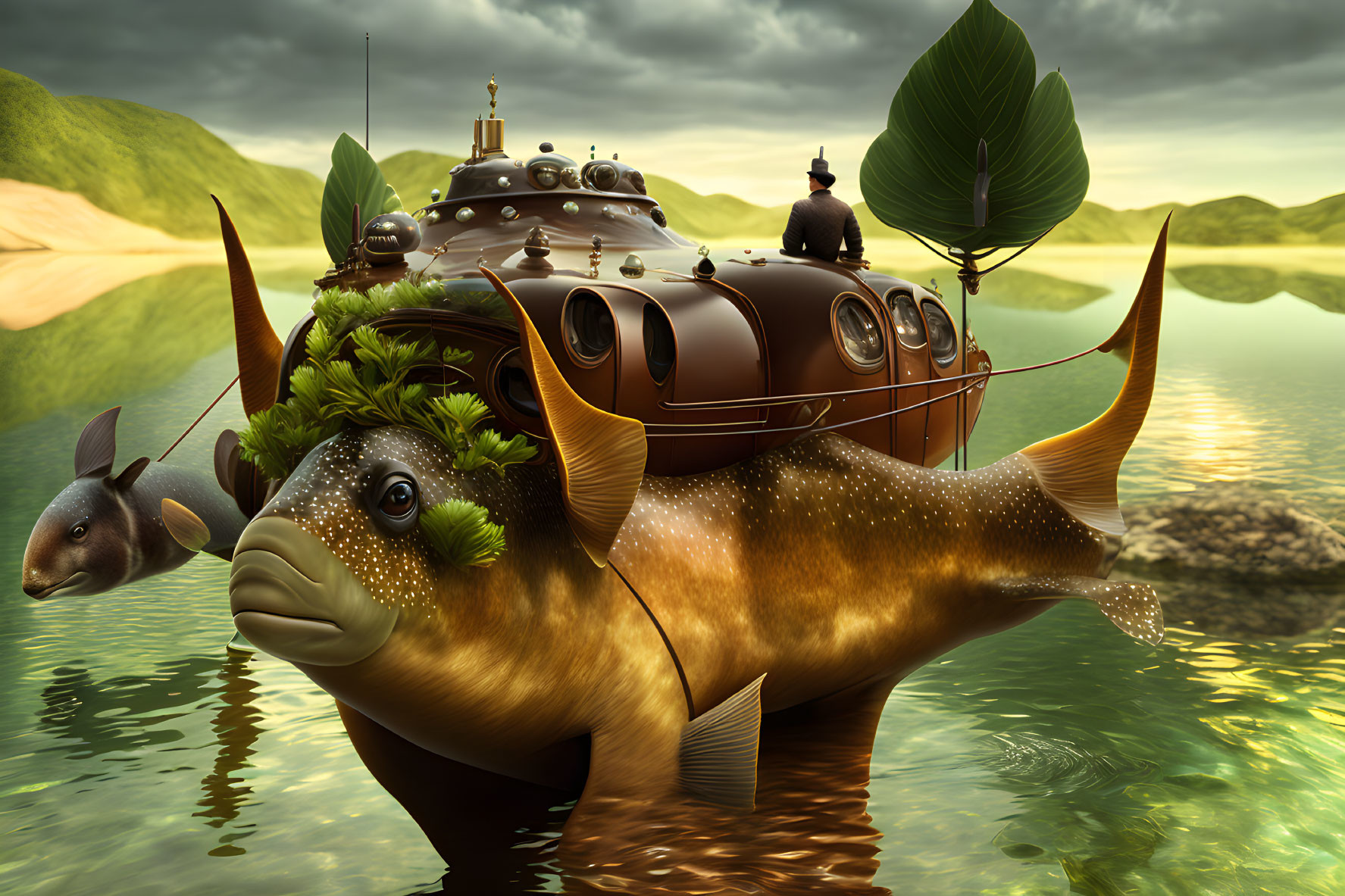 Steampunk submarine artwork mounted on giant fish landscape.