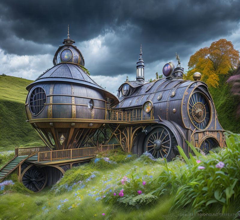 Steampunk-style locomotive house in hilly landscape with dramatic sky