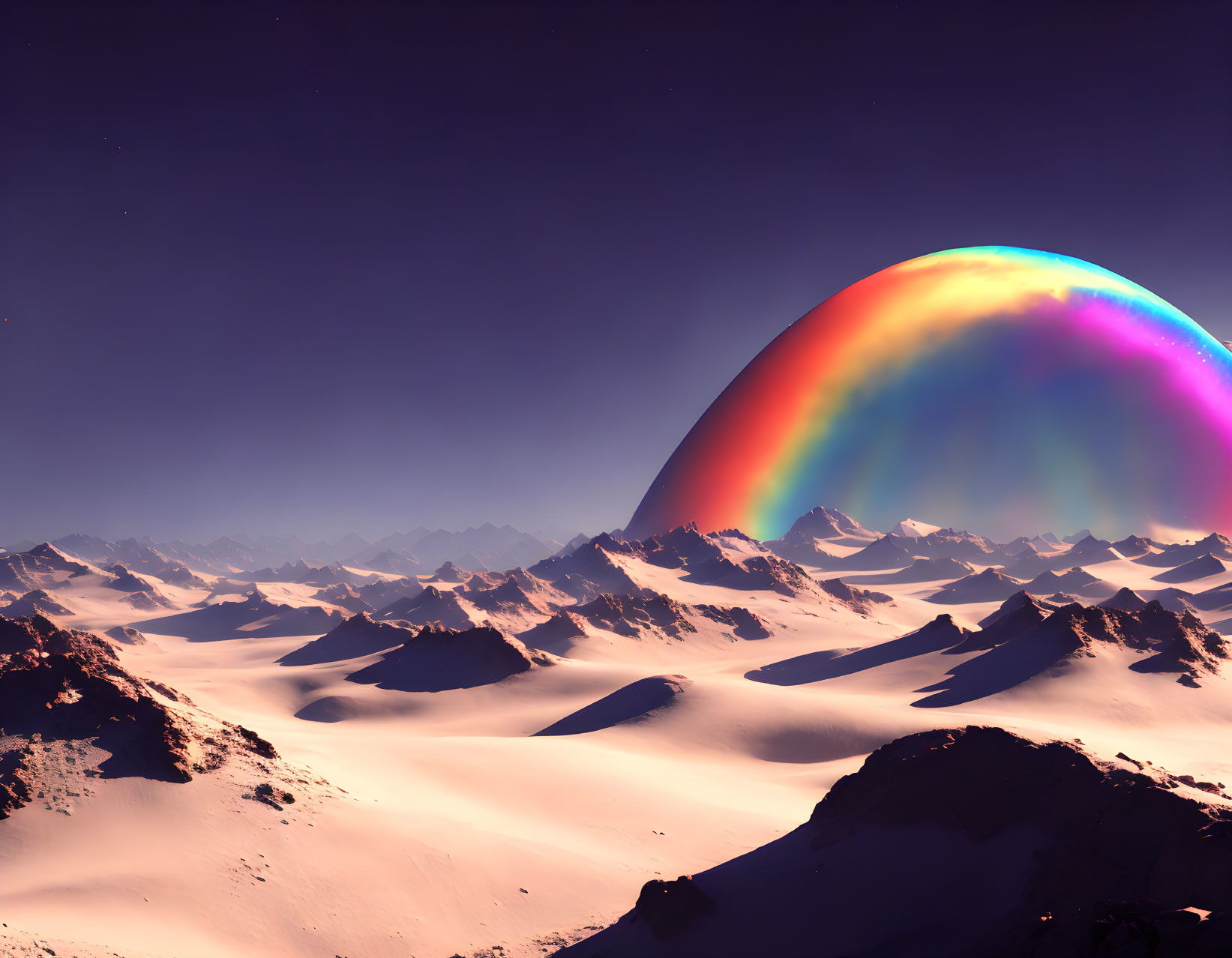 Snowy mountains, starry sky, rainbow planet: surreal landscape.