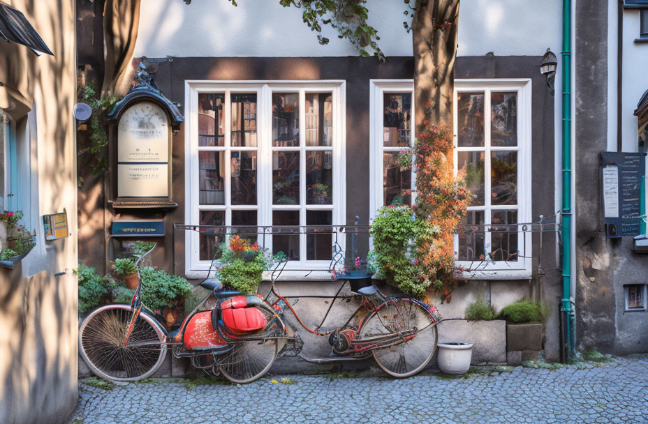 Picturesque European Street Scene with Vintage Bicycle and Ivy-Covered Building